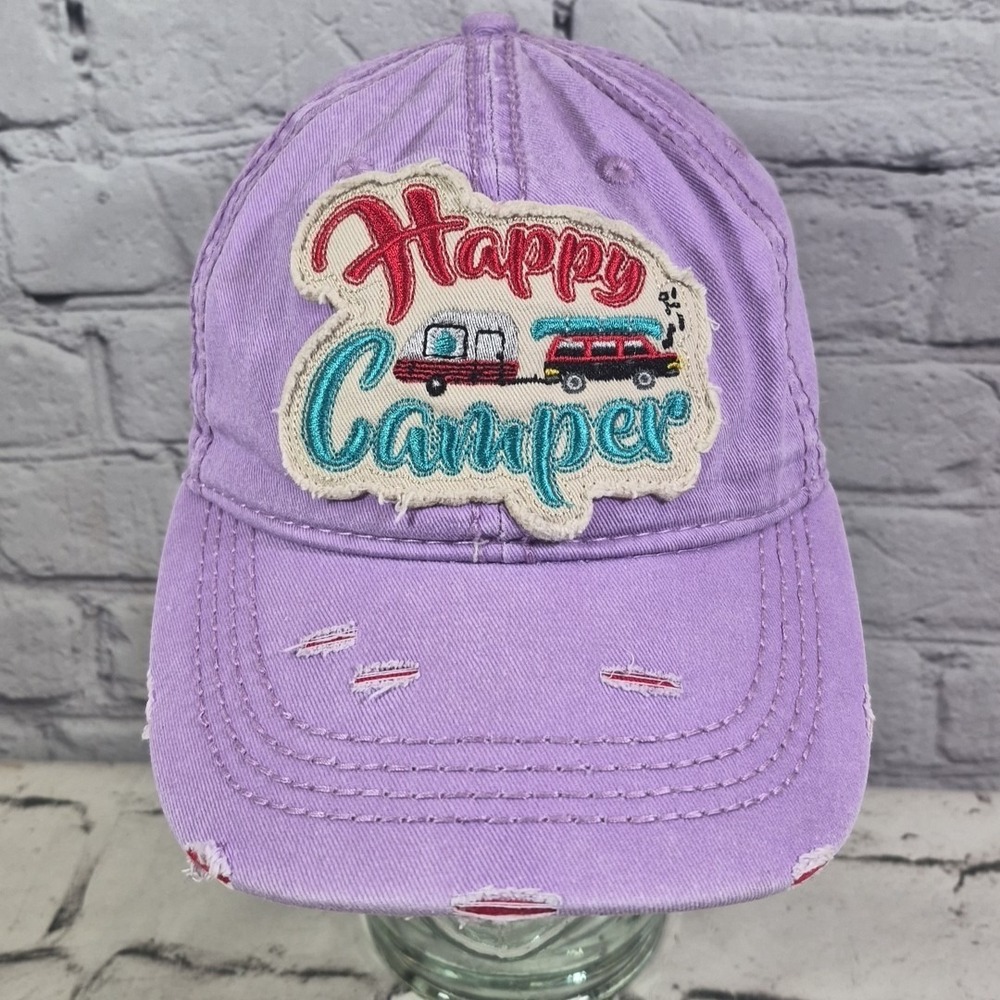 Happy Camper Hat Womens Purple Distressed One Size Adjustable‎ Hat